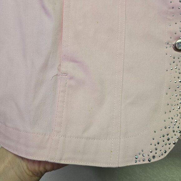 Quacker Factory Pink Rhinestone Embellished Sleeveless Button Up Shirt Large Art - Picture 3 of 12